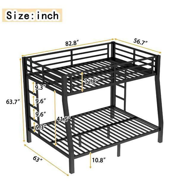Alt view image 2 of 7 - Full XL Over Queen Bunk Bed with Under-Bed Storage, Heavy Duty Metal Bunk Beds Frame with Full-Length Guardrail & Ladders, Heavy-Duty Bunk Bed, No Spring Box Needed, Black