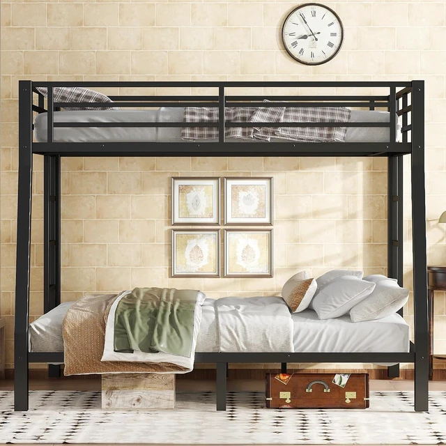 Alt view image 3 of 7 - Full XL Over Queen Bunk Bed with Under-Bed Storage, Heavy Duty Metal Bunk Beds Frame with Full-Length Guardrail & Ladders, Heavy-Duty Bunk Bed, No Spring Box Needed, Black