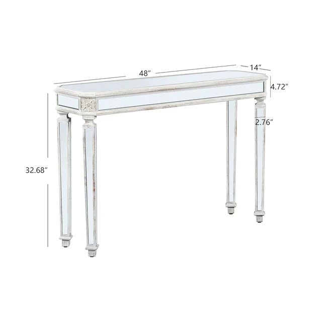 Alt view image 2 of 7 - 48-Inch Mirrored Console Table,Rectangle Glass Sofa Table with Vintage Carved Elements,Entryway Accent Foyer Tables with Gorgeous Noble Design,Oak+Silver