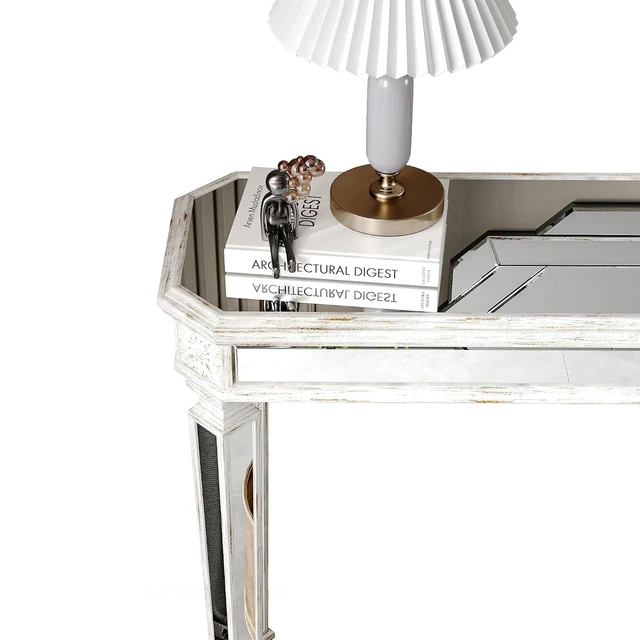 Alt view image 3 of 7 - 48-Inch Mirrored Console Table,Rectangle Glass Sofa Table with Vintage Carved Elements,Entryway Accent Foyer Tables with Gorgeous Noble Design,Oak+Silver