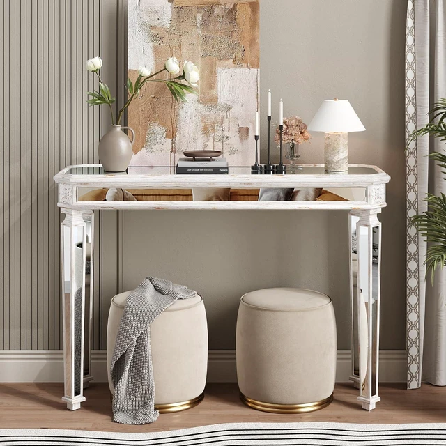 Main image of 48-Inch Mirrored Console Table,Rectangle Glass Sofa Table with Vintage Carved Elements,Entryway Accent Foyer Tables with Gorgeous Noble Design,Oak+Silver