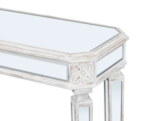 Alt view image 5 of 7 - 48-Inch Mirrored Console Table,Rectangle Glass Sofa Table with Vintage Carved Elements,Entryway Accent Foyer Tables with Gorgeous Noble Design,Oak+Silver