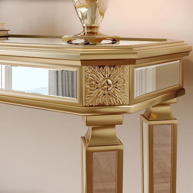 Alt view image 2 of 7 - 48-Inch Mirrored Console Table,Rectangle Glass Sofa Table with Vintage Carved Elements,Entryway Accent Foyer Tables with Gorgeous Noble Design,Gold+Silver