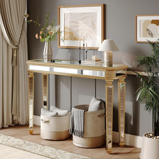 Main image of 48-Inch Mirrored Console Table,Rectangle Glass Sofa Table with Vintage Carved Elements,Entryway Accent Foyer Tables with Gorgeous Noble Design,Gold+Silver