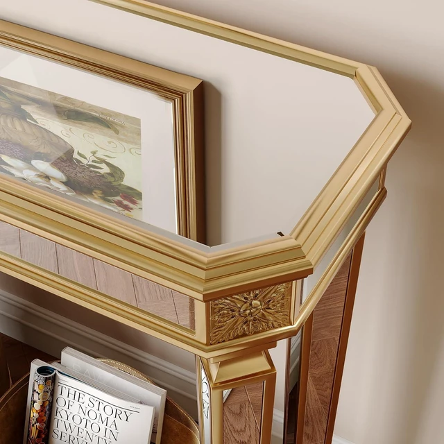 Alt view image 3 of 7 - 48-Inch Mirrored Console Table,Rectangle Glass Sofa Table with Vintage Carved Elements,Entryway Accent Foyer Tables with Gorgeous Noble Design,Gold+Silver