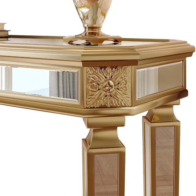Alt view image 4 of 7 - 48-Inch Mirrored Console Table,Rectangle Glass Sofa Table with Vintage Carved Elements,Entryway Accent Foyer Tables with Gorgeous Noble Design,Gold+Silver