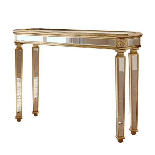 Alt view image 7 of 7 - 48-Inch Mirrored Console Table,Rectangle Glass Sofa Table with Vintage Carved Elements,Entryway Accent Foyer Tables with Gorgeous Noble Design,Gold+Silver