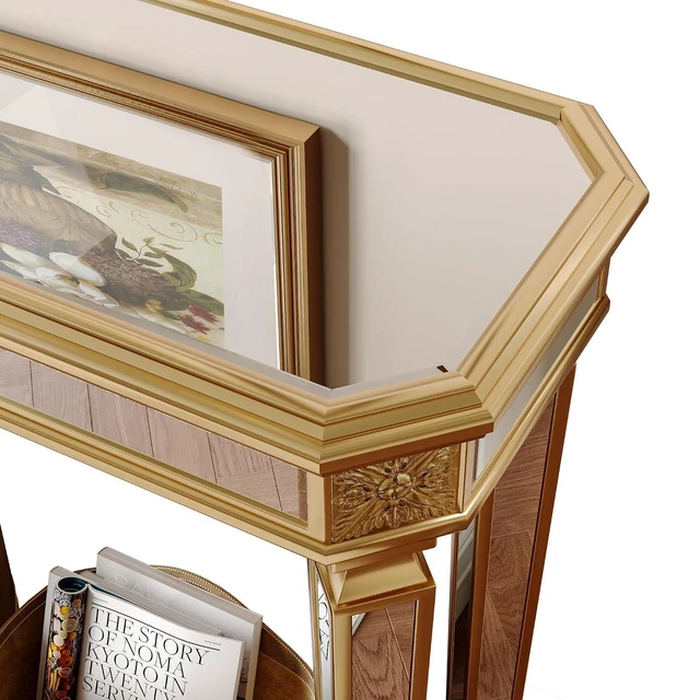 Alt view image 6 of 7 - 48-Inch Mirrored Console Table,Rectangle Glass Sofa Table with Vintage Carved Elements,Entryway Accent Foyer Tables with Gorgeous Noble Design,Gold+Silver