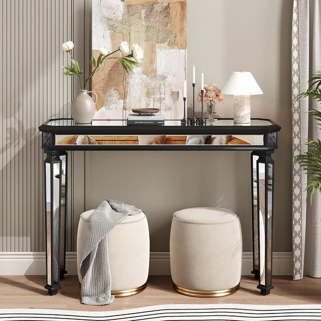 Main image of 48-Inch Mirrored Console Table,Rectangle Glass Sofa Table with Vintage Carved Elements,Entryway Accent Foyer Tables with Gorgeous Noble Design,Black+Silver