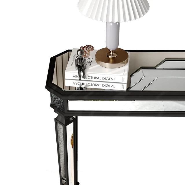 Alt view image 3 of 7 - 48-Inch Mirrored Console Table,Rectangle Glass Sofa Table with Vintage Carved Elements,Entryway Accent Foyer Tables with Gorgeous Noble Design,Black+Silver