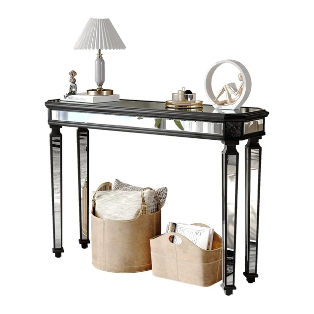 Alt view image 5 of 7 - 48-Inch Mirrored Console Table,Rectangle Glass Sofa Table with Vintage Carved Elements,Entryway Accent Foyer Tables with Gorgeous Noble Design,Black+Silver