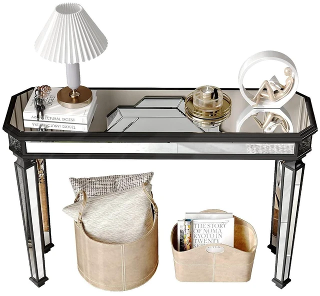 Alt view image 7 of 7 - 48-Inch Mirrored Console Table,Rectangle Glass Sofa Table with Vintage Carved Elements,Entryway Accent Foyer Tables with Gorgeous Noble Design,Black+Silver