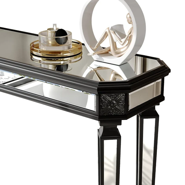 Alt view image 6 of 7 - 48-Inch Mirrored Console Table,Rectangle Glass Sofa Table with Vintage Carved Elements,Entryway Accent Foyer Tables with Gorgeous Noble Design,Black+Silver
