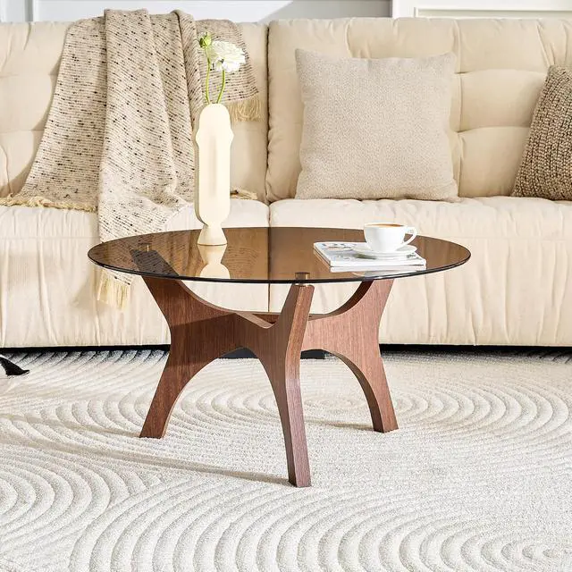 Alt view image 3 of 7 - Modern Glass Center Table, Minimalist Coffee Table with Study Legs, Ideal as a Centerpiece for Living Room, Walnut