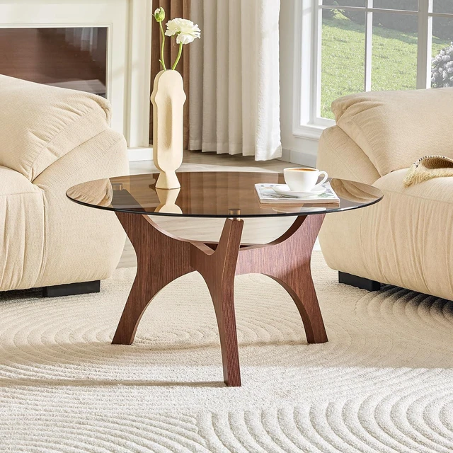 Alt view image 4 of 7 - Modern Glass Center Table, Minimalist Coffee Table with Study Legs, Ideal as a Centerpiece for Living Room, Walnut