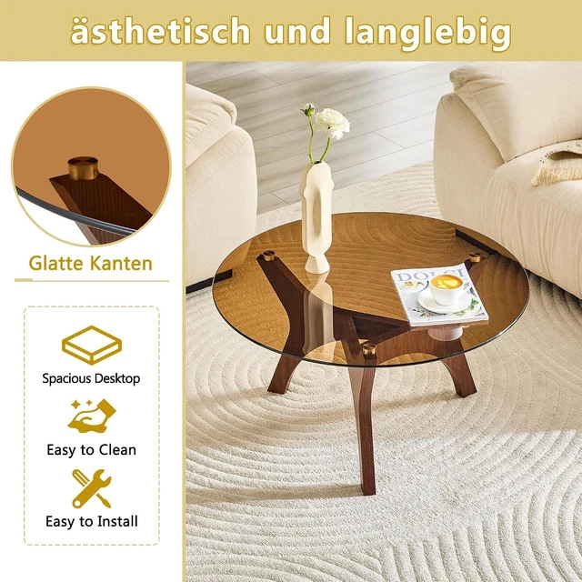 Alt view image 5 of 7 - Modern Glass Center Table, Minimalist Coffee Table with Study Legs, Ideal as a Centerpiece for Living Room, Walnut