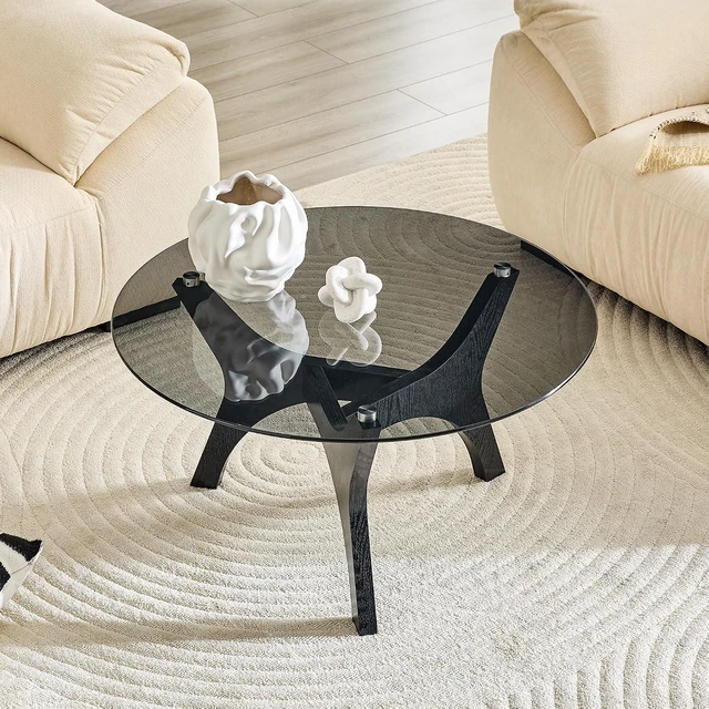 Alt view image 3 of 7 - Modern Glass Center Table, Minimalist Coffee Table with Study Legs, Ideal as a Centerpiece for Living Room, Black,Gray