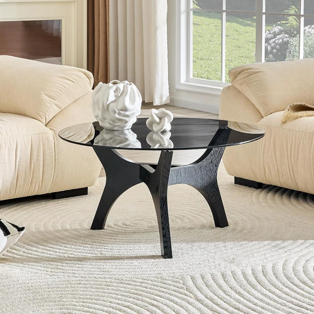 Alt view image 4 of 7 - Modern Glass Center Table, Minimalist Coffee Table with Study Legs, Ideal as a Centerpiece for Living Room, Black,Gray