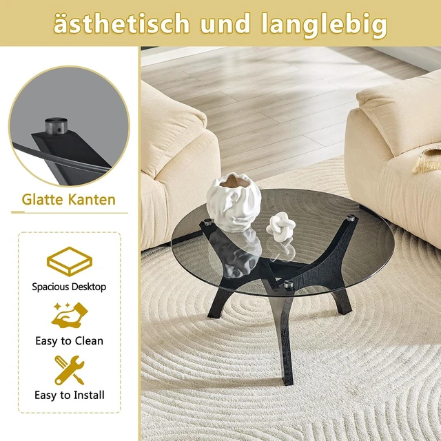 Alt view image 5 of 7 - Modern Glass Center Table, Minimalist Coffee Table with Study Legs, Ideal as a Centerpiece for Living Room, Black,Gray