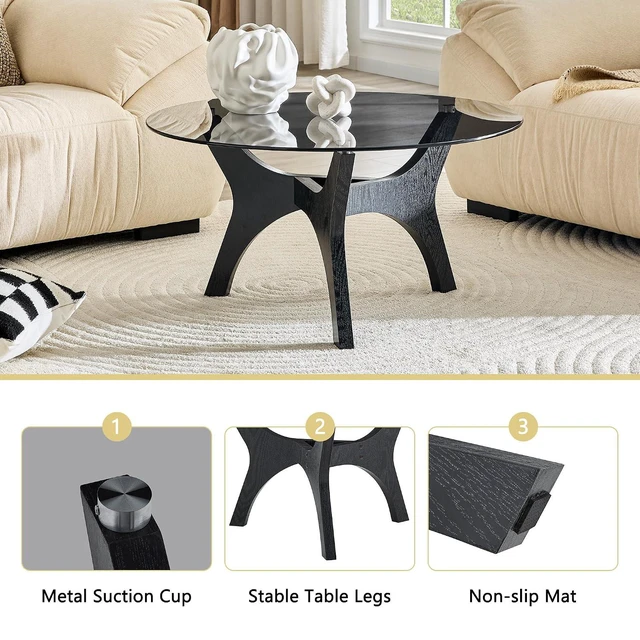 Alt view image 6 of 7 - Modern Glass Center Table, Minimalist Coffee Table with Study Legs, Ideal as a Centerpiece for Living Room, Black,Gray
