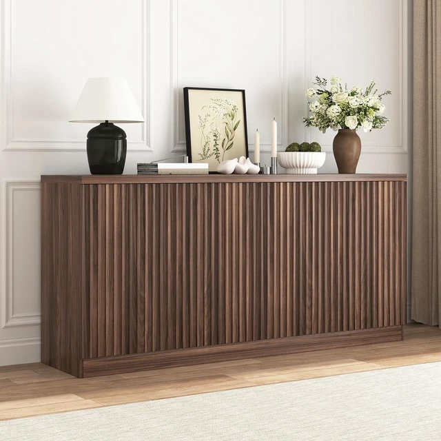 Alt view image 4 of 7 - 62 Fluted Sideboard Buffet Cabinet with Shelves, Walnut