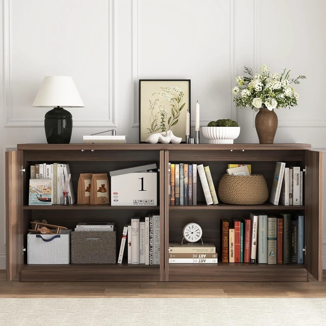 Alt view image 5 of 7 - 62 Fluted Sideboard Buffet Cabinet with Shelves, Walnut