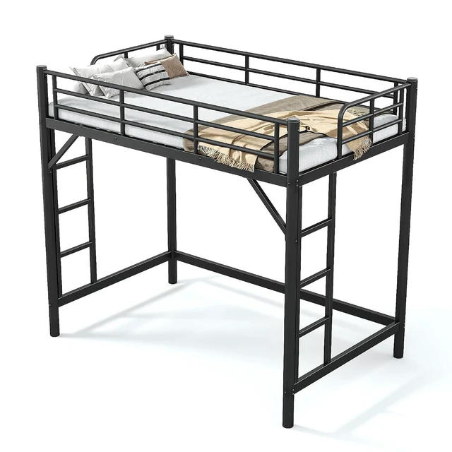 Alt view image 5 of 7 - Twin Size Heavy Duty Metal Loft Bed with 2 Ladders, Black