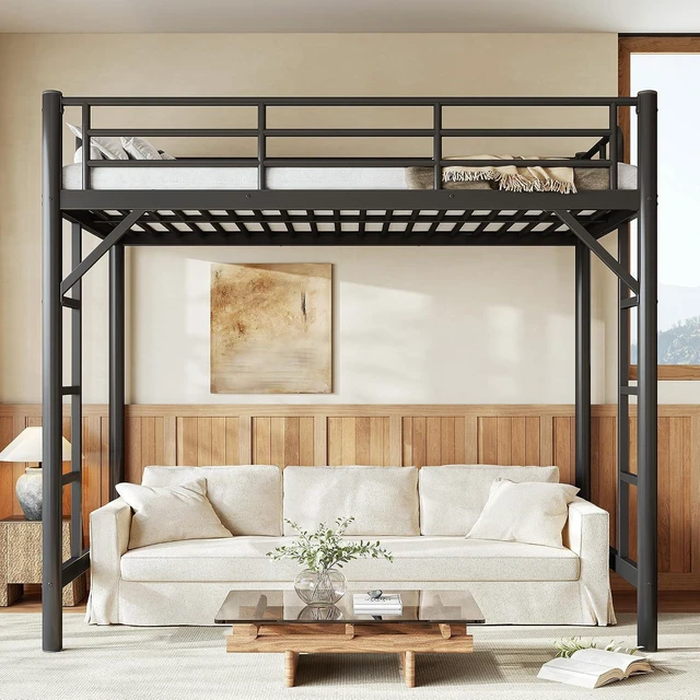 Alt view image 3 of 7 - Twin Size Heavy Duty Metal Loft Bed with 2 Ladders, Black