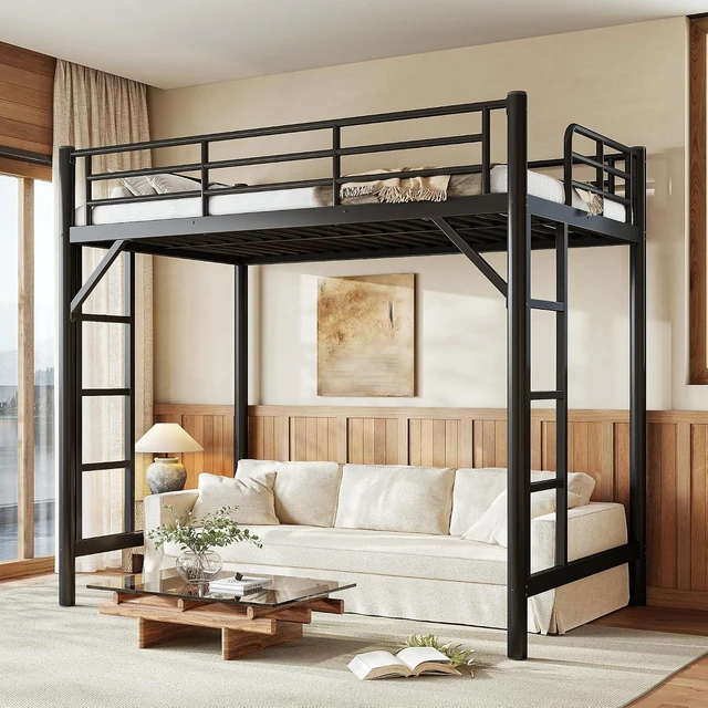 Alt view image 4 of 7 - Twin Size Heavy Duty Metal Loft Bed with 2 Ladders, Black