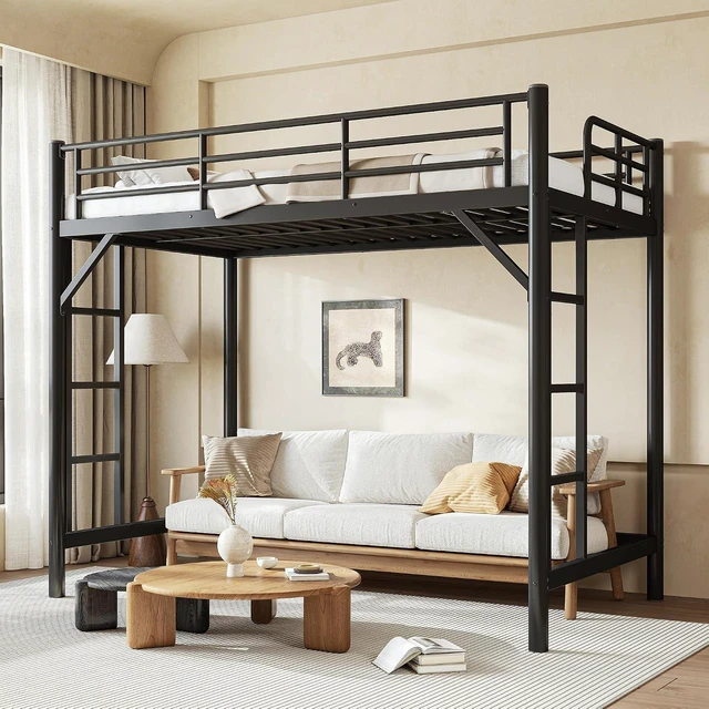 Alt view image 3 of 7 - Metal Loft Bed Twin XL with 2 Ladders, Industrial Loft Bed, Black