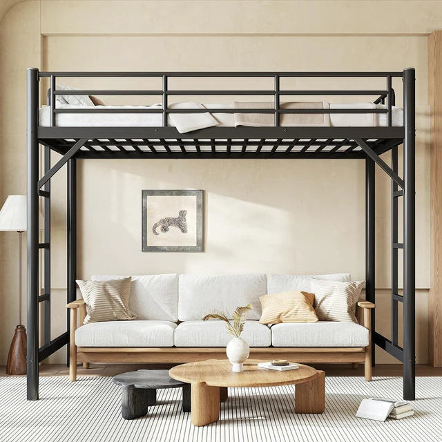 Main image of Metal Loft Bed Twin XL with 2 Ladders, Industrial Loft Bed, Black