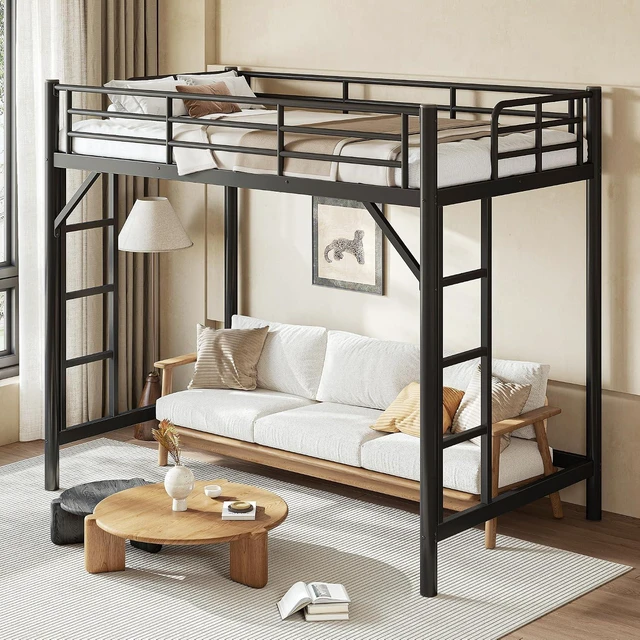 Alt view image 4 of 7 - Metal Loft Bed Twin XL with 2 Ladders, Industrial Loft Bed, Black