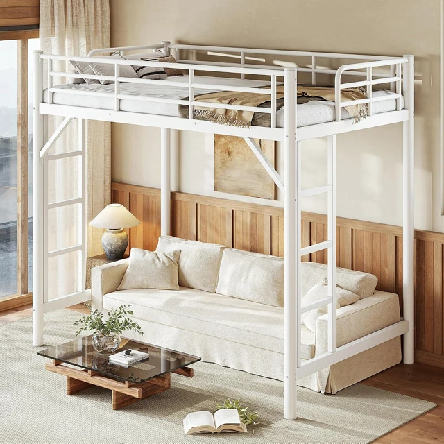 Alt view image 3 of 7 - Heavy Duty Metal Twin Loft Bed with 2 Ladders, White
