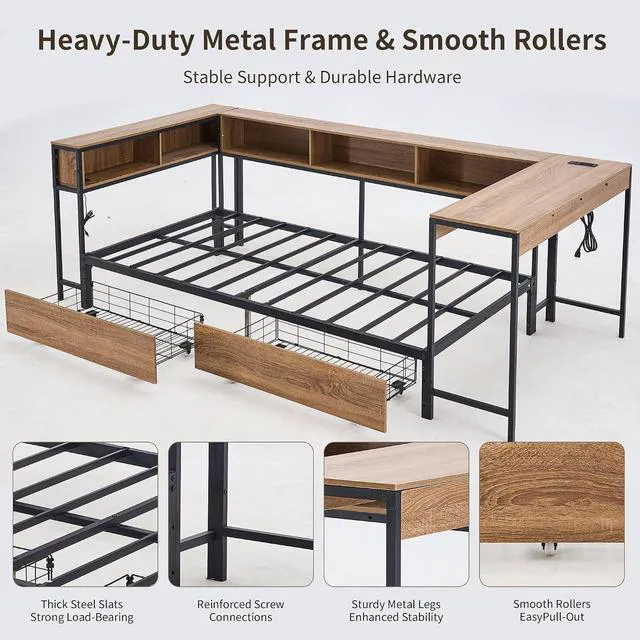 Alt view image 7 of 7 - LShaped Corner Daybed with Desk and 2 Charging Station, Metal Daybed with 2 Storage Drawers and Bookcase Headboard, Twin Size, Black