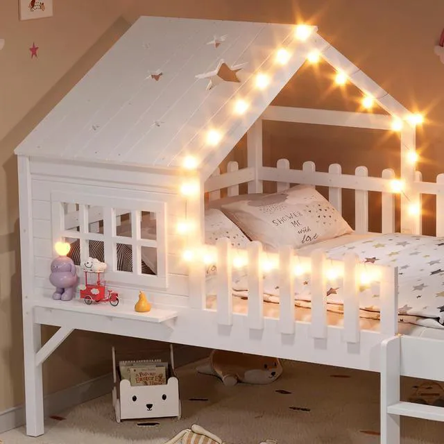 Alt view image 3 of 7 - House Low Loft Bed with Slide and Ladder for Girls Boys, Solid Wood Kids Loft Bed with LED Light and Guardrails for Sleeping and Playing, Full Size, White