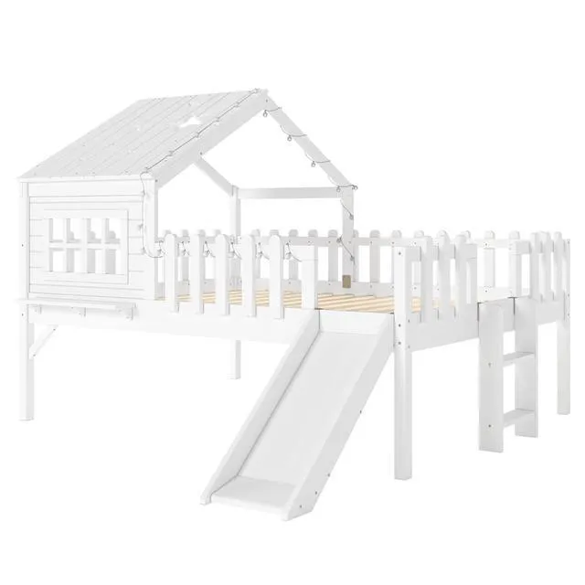 Alt view image 6 of 7 - House Low Loft Bed with Slide and Ladder for Girls Boys, Solid Wood Kids Loft Bed with LED Light and Guardrails for Sleeping and Playing, Full Size, White