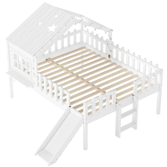 Alt view image 7 of 7 - House Low Loft Bed with Slide and Ladder for Girls Boys, Solid Wood Kids Loft Bed with LED Light and Guardrails for Sleeping and Playing, Full Size, White