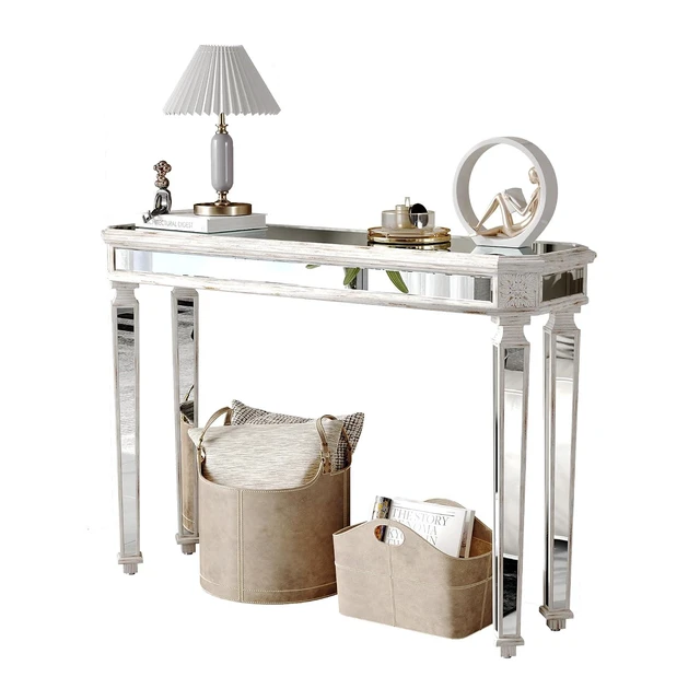 Alt view image 7 of 7 - 48-Inch Mirrored Console Table,Rectangle Glass Sofa Table with Vintage Carved Elements,Entryway Accent Foyer Tables with Gorgeous Noble Design,Oak+Silver