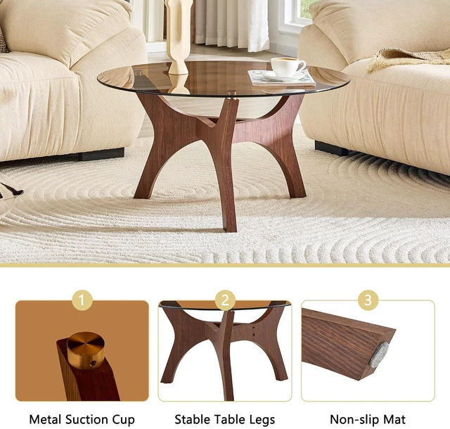 Alt view image 6 of 7 - Modern Glass Center Table, Minimalist Coffee Table with Study Legs, Ideal as a Centerpiece for Living Room, Walnut