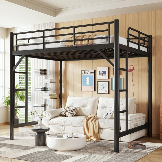 Alt view image 3 of 7 - High Loft Bed Full with 2 Ladders, Industrial Heavy Duty Metal Loft Bed, Black