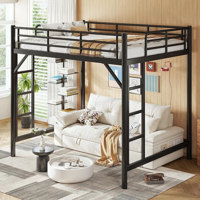 Alt view image 4 of 7 - High Loft Bed Full with 2 Ladders, Industrial Heavy Duty Metal Loft Bed, Black