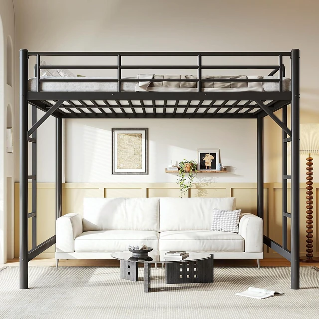Main image of Queen High Loft Bed with 2 Ladders, Heavy Duty Metal Loft Bed, Black