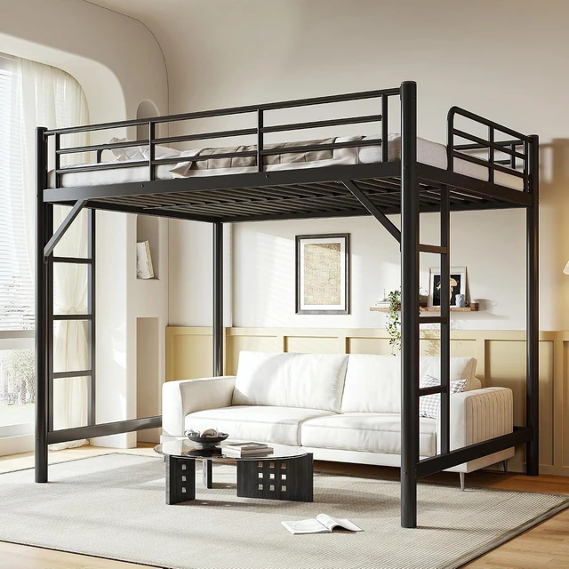 Alt view image 3 of 7 - Queen High Loft Bed with 2 Ladders, Heavy Duty Metal Loft Bed, Black