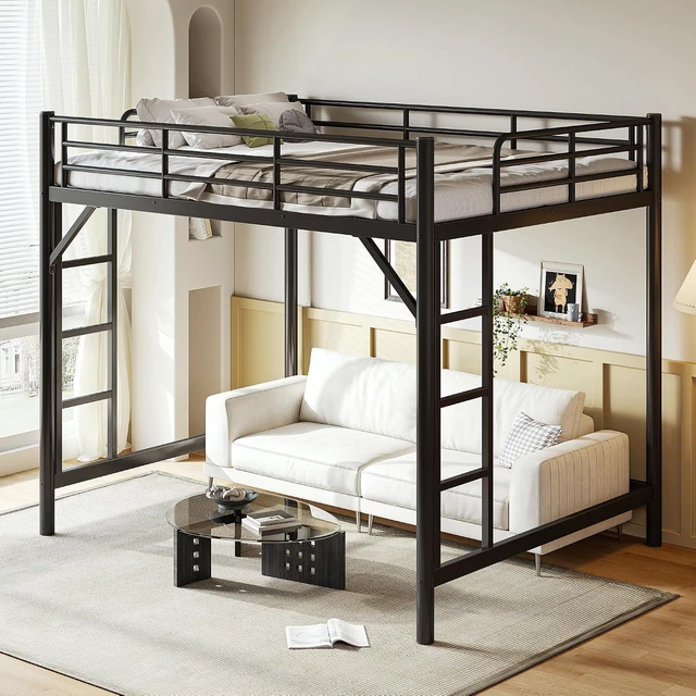 Alt view image 4 of 7 - Queen High Loft Bed with 2 Ladders, Heavy Duty Metal Loft Bed, Black