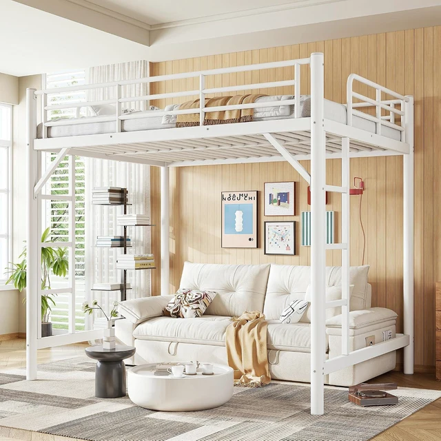 Alt view image 3 of 7 - High Loft Bed Full with 2 Ladders, Industrial Heavy Duty Metal Loft Bed, White