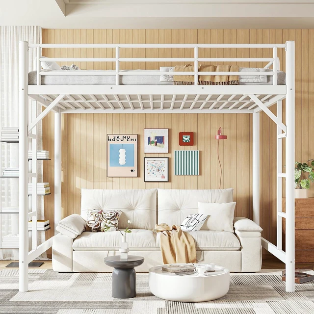 Alt view image 4 of 7 - High Loft Bed Full with 2 Ladders, Industrial Heavy Duty Metal Loft Bed, White