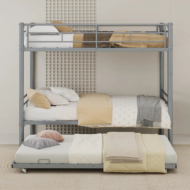 Main image of Twin Over Twin Metal Bunk Bed Frame with Trundle,Heavy Duty Bunk Beds with Guardrail & Ladders for Teens & Adults,Convertible Twin Size Bunk Beds,No Box Spring Needed, Silver
