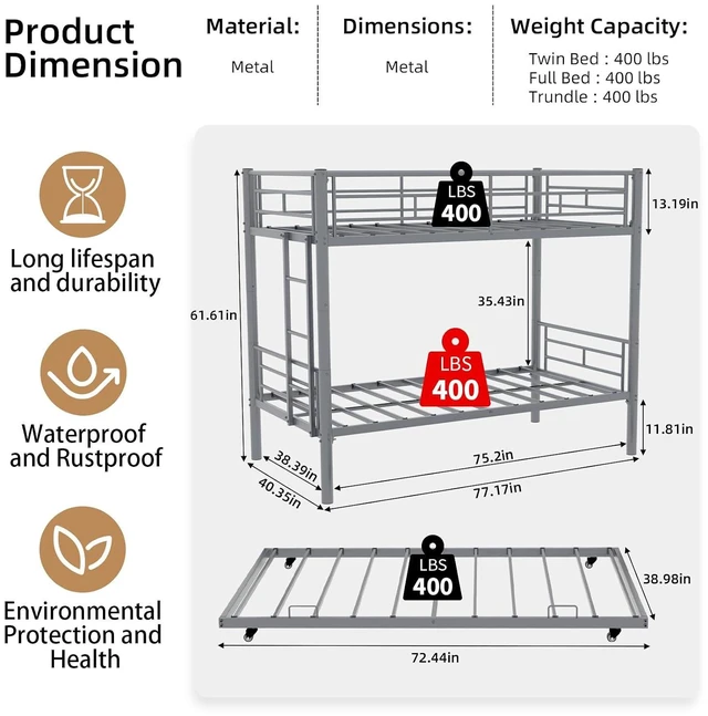 Alt view image 2 of 7 - Twin Over Twin Metal Bunk Bed Frame with Trundle,Heavy Duty Bunk Beds with Guardrail & Ladders for Teens & Adults,Convertible Twin Size Bunk Beds,No Box Spring Needed, Silver