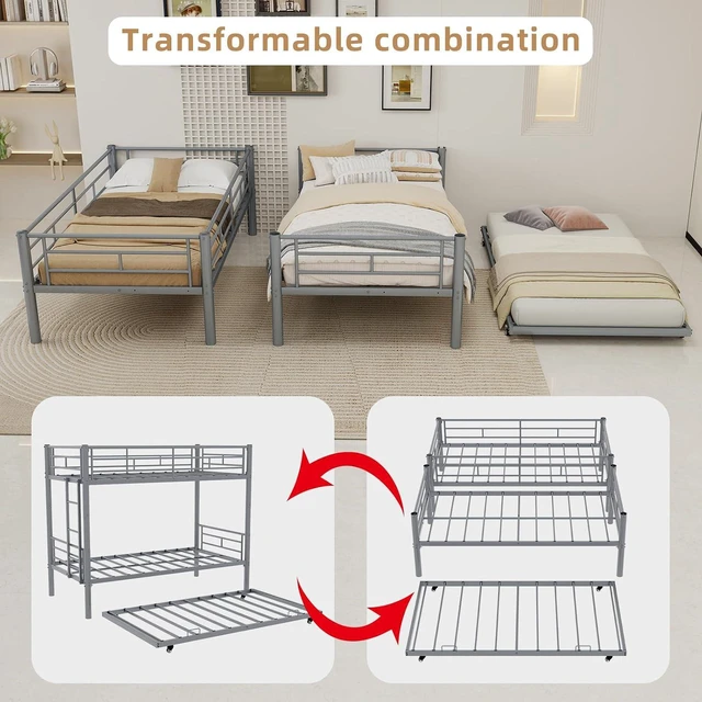 Alt view image 4 of 7 - Twin Over Twin Metal Bunk Bed Frame with Trundle,Heavy Duty Bunk Beds with Guardrail & Ladders for Teens & Adults,Convertible Twin Size Bunk Beds,No Box Spring Needed, Silver