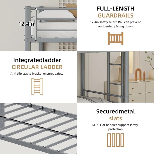 Alt view image 6 of 7 - Twin Over Twin Metal Bunk Bed Frame with Trundle,Heavy Duty Bunk Beds with Guardrail & Ladders for Teens & Adults,Convertible Twin Size Bunk Beds,No Box Spring Needed, Silver